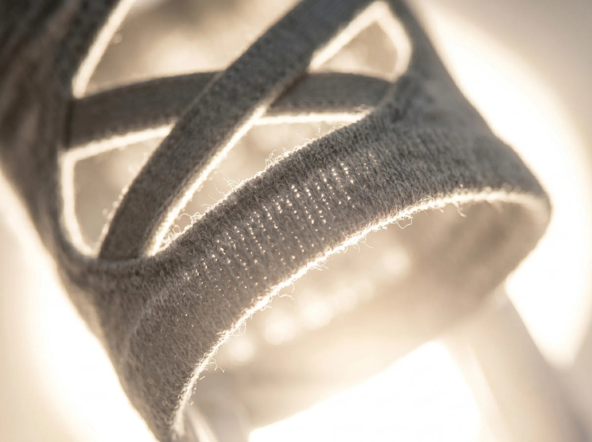 Macro close-up of YG Socks elastic cross straps, highlighting the premium seamless knit texture crafted with Shima Seiki machines for an ergonomic, second-skin fit.