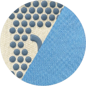 A close-up split view showcasing YG Socks premium textured knit craftsmanship on the right and non-slip silicone grip dots with traction lines on the left.