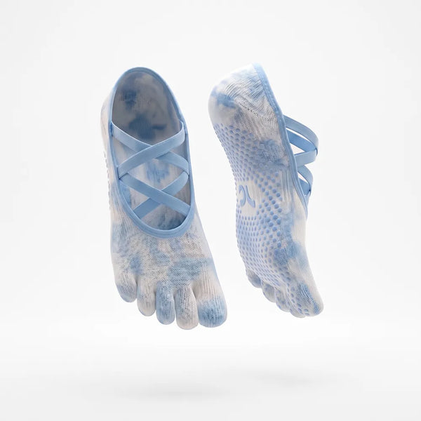 Shop Best Seller light blue cloud-wash five-toe grip socks with cross straps for Pilates.
