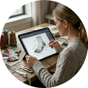 A product designer sketching a technical ergonomic five-toe sock layout on a digital tablet at a workspace, illustrating the professional design capability of YG Socks.