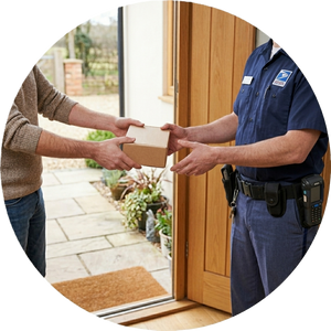 A customer handing a package to a professional courier at the doorstep, illustrating YG Socks' hassle-free 40-day return policy from the date of shipment.