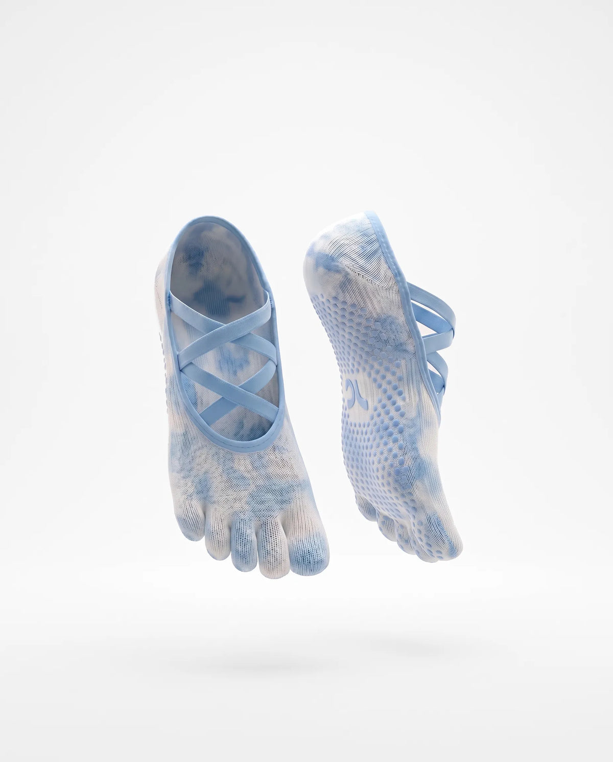 Shop Limited Editon light blue cloud-wash five-toe grip socks with cross straps for Pilates.