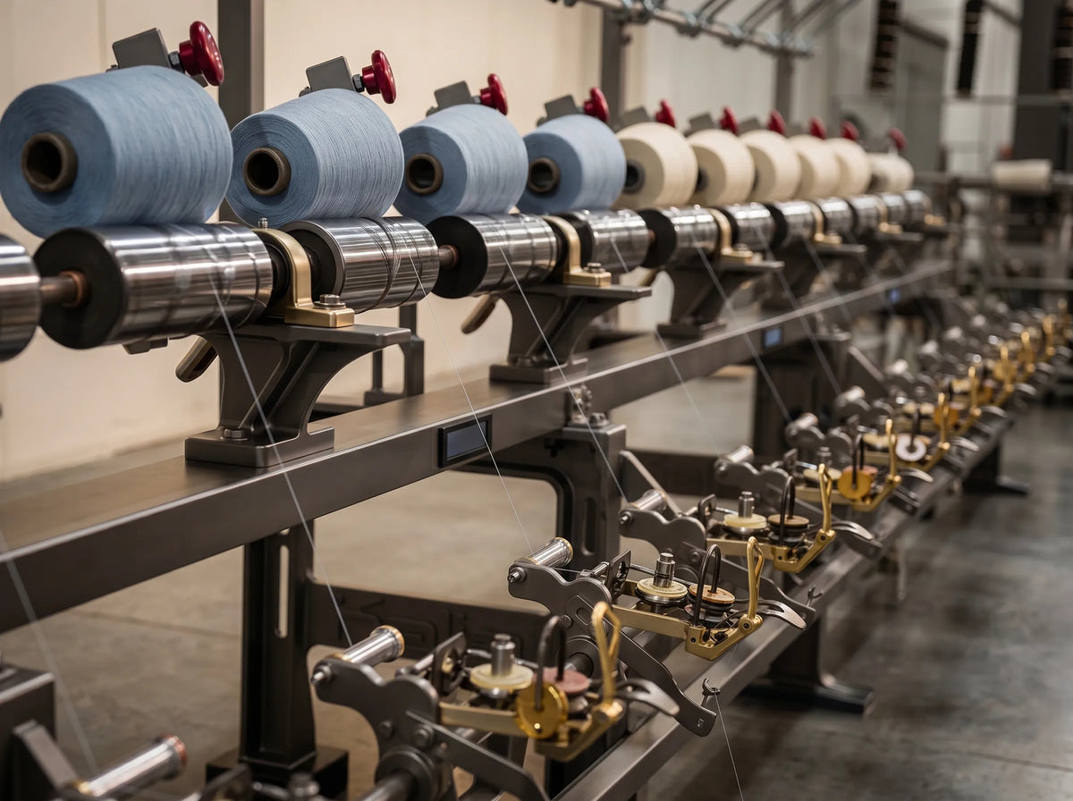 Precision textile machinery at Yanng's factory winding blue and cream yarn spools.