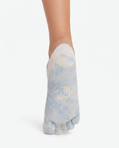Bottom view of the Full Toe Cloud Wash Low Rise Grip Socks showing the full-coverage non-slip silicone grip dots and individual toe pockets designed for Pilates and yoga.
