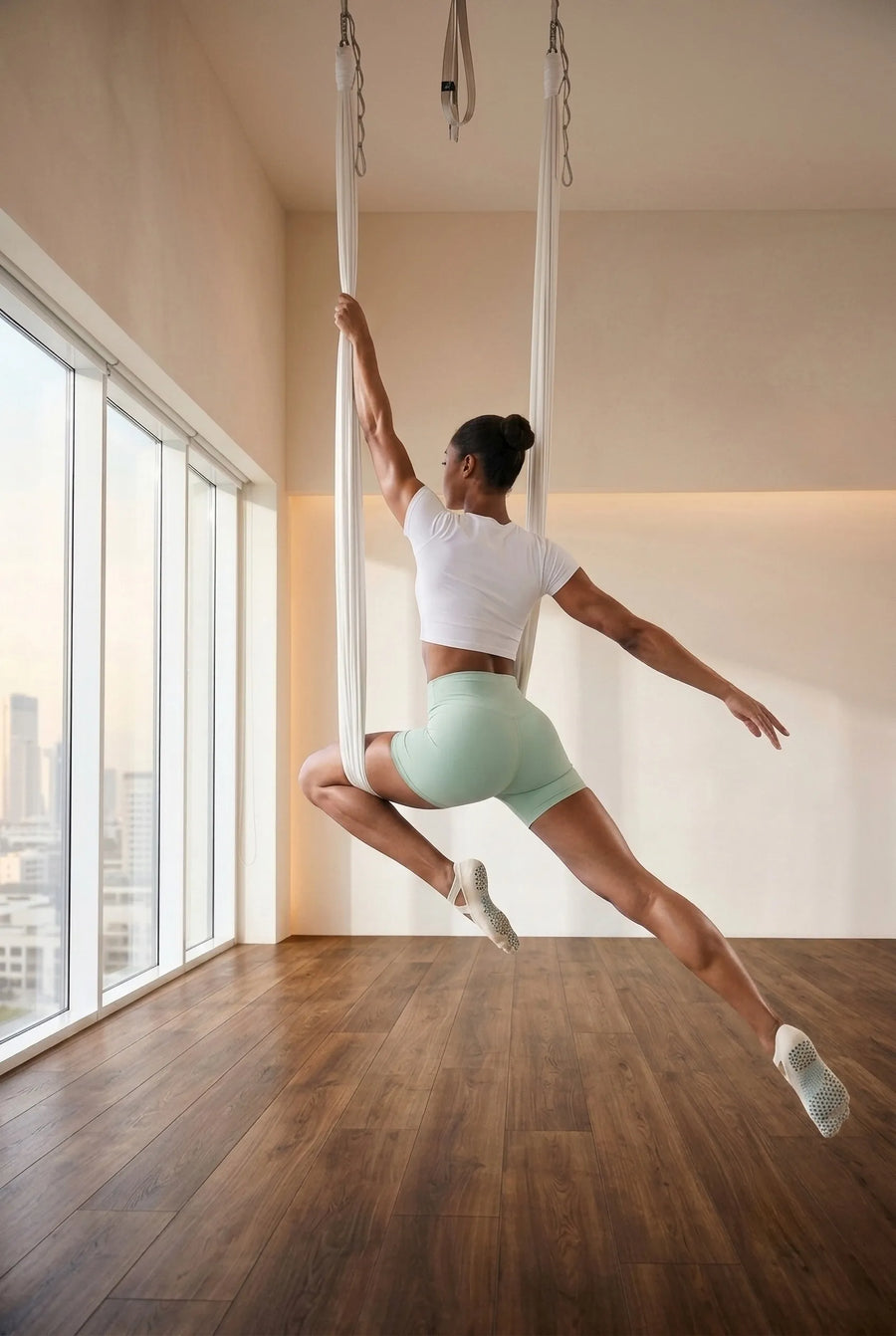An aerial yoga practitioner elegant in mid-air silks pose, wearing YG Socks premium non-slip five-toe grip socks with grippy soles for ultimate stability and control in a sunlit studio.
