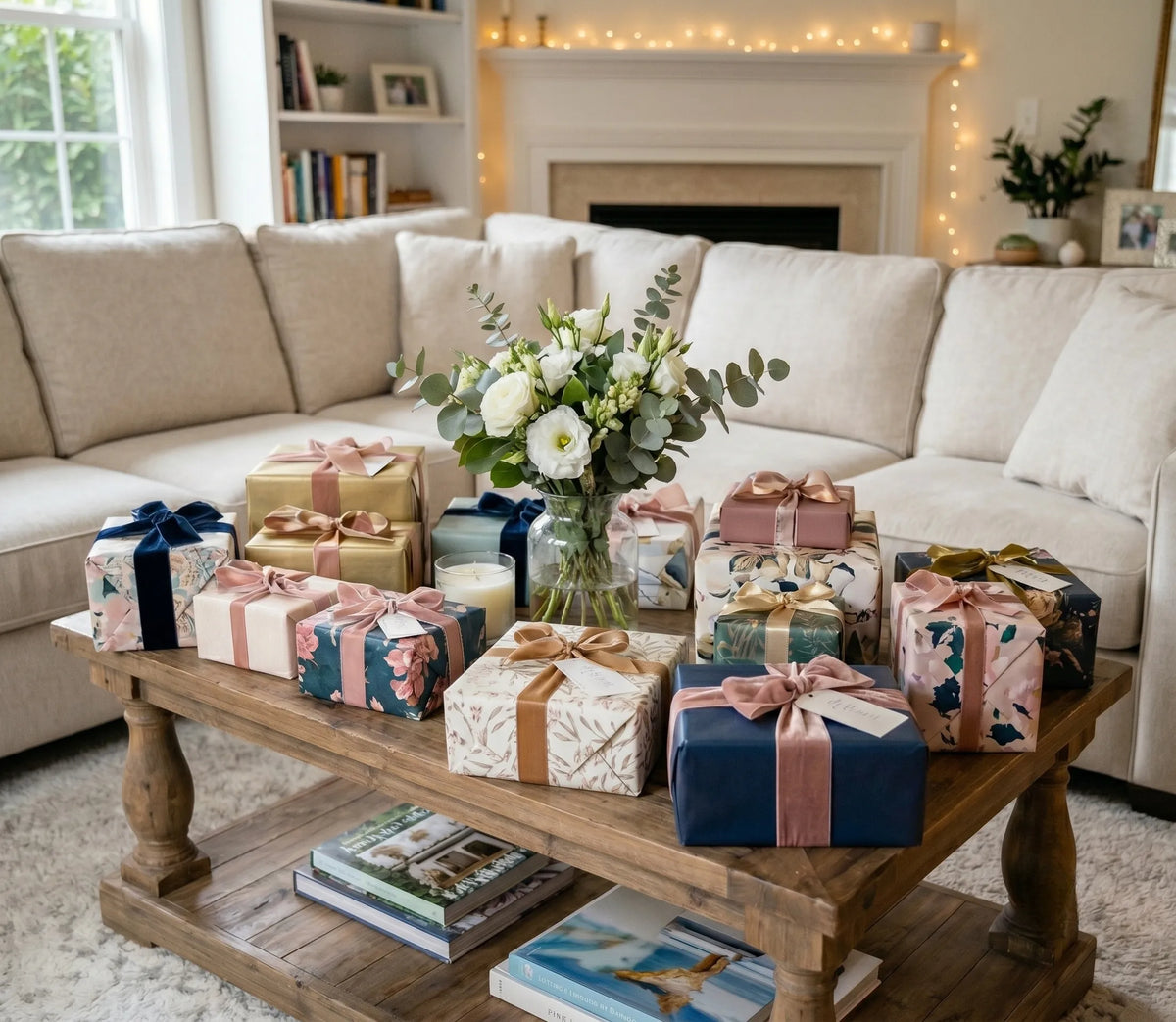 An elegant luxury gifting concept with beautifully styled gift boxes and flowers on a table, representing the joyful gifting ideas and premium customer feedback for YG Socks.