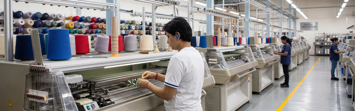 Yanng's textile innovation factory: Worker operating advanced knitting machines with colorful yarn spools.