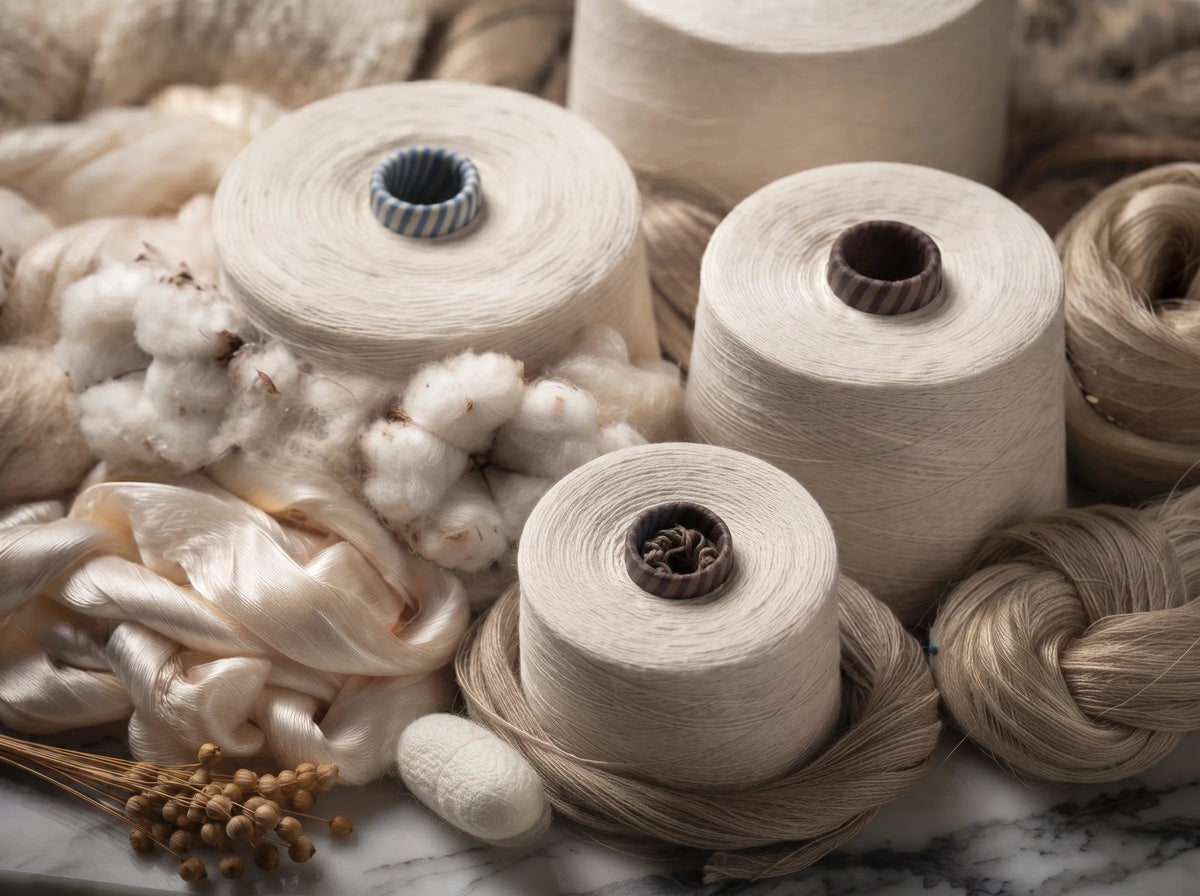 Natural cotton, silk, and yarn spools showcasing Yanng's commitment to sustainable materials.