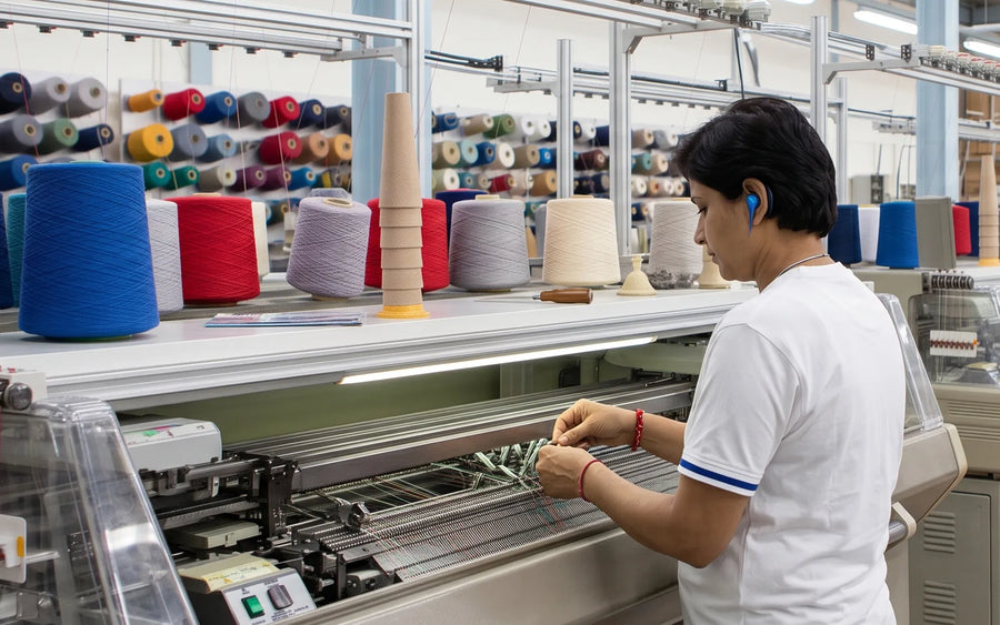 Yanng's textile innovation factory: Worker operating advanced knitting machines with colorful yarn spools.